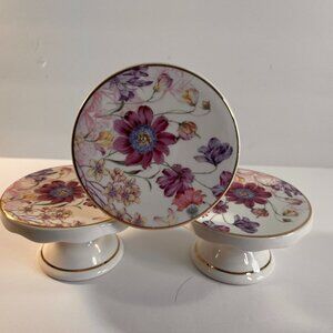 Cupcake Pedestal Stands Broadway Tea Room Purple Flowers Set/3 Gold Rim Ceramic